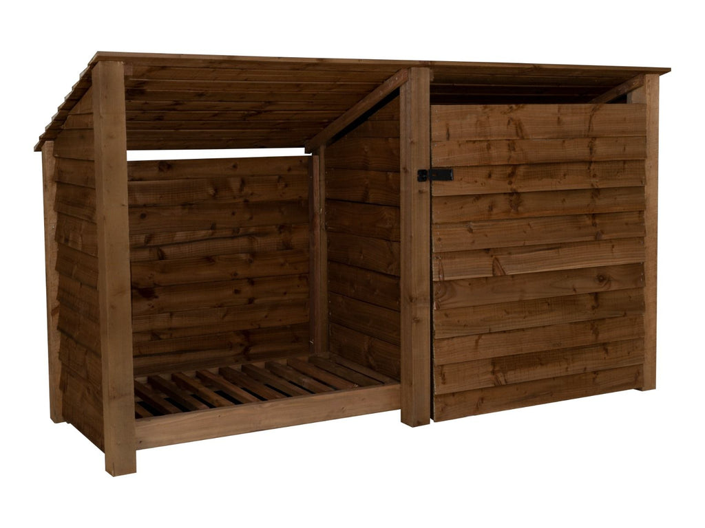 Wooden Garden Tool Storage (Roof Sloping Back) W-227cm, H-126cm or 180cm, D-88cm - Brown Finish