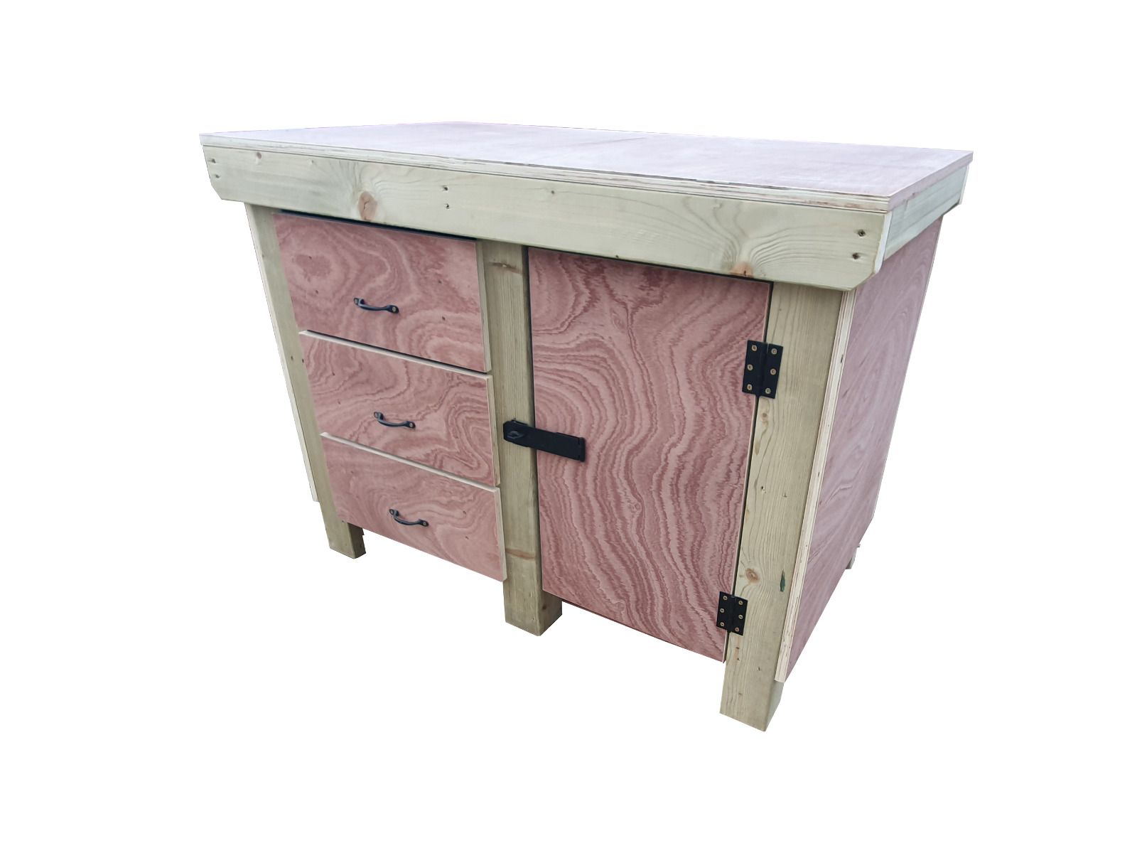 Wooden Eucalyptus hardwood top workbench, cabinet with lockable cupboard (V.3) double shelf