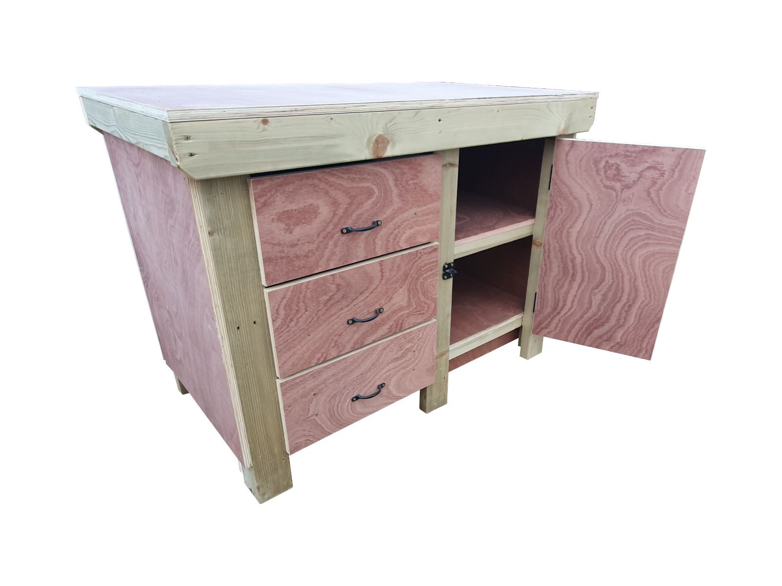 Wooden Eucalyptus hardwood top workbench, cabinet with lockable cupboard (V.3) double shelf