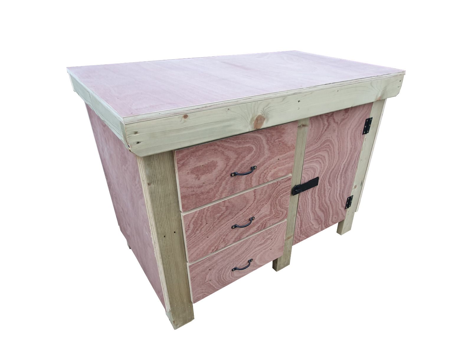 Wooden Eucalyptus hardwood top workbench, cabinet with lockable cupboard (V.3) double shelf