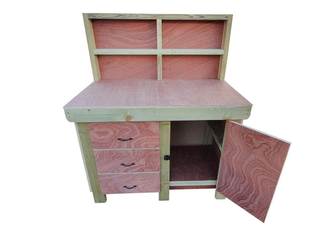 Wooden Eucalyptus hardwood top workbench, cabinet with lockable cupboard (V.3) with back