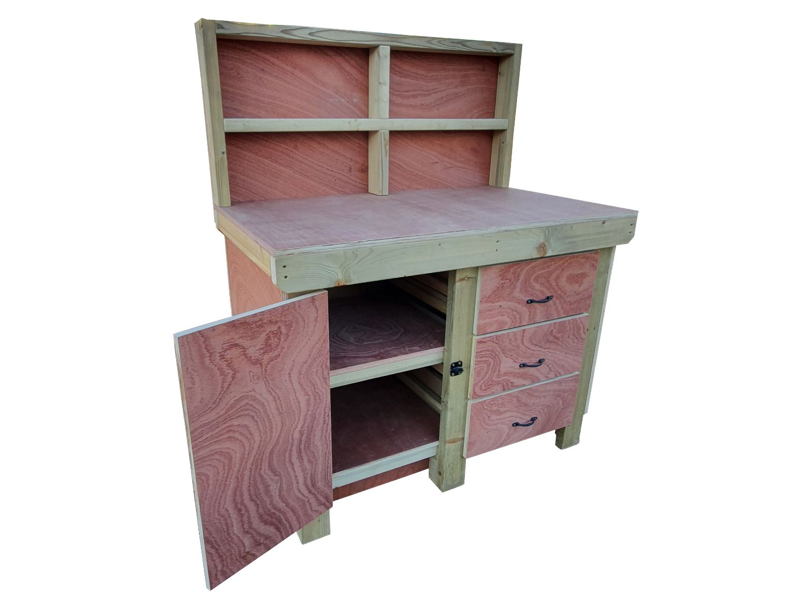 Wooden Eucalyptus hardwood top workbench, cabinet with lockable cupboard (V.3) with back and double shelf