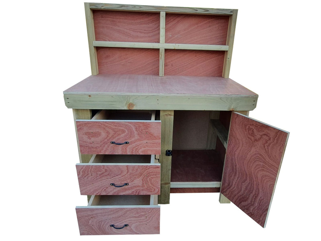Wooden Eucalyptus hardwood top workbench, cabinet with lockable cupboard (V.3) with back