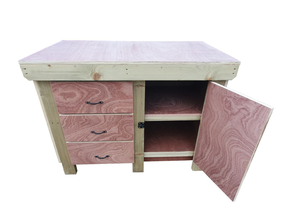 Wooden Eucalyptus hardwood top workbench, cabinet with lockable cupboard (V.3) double shelf