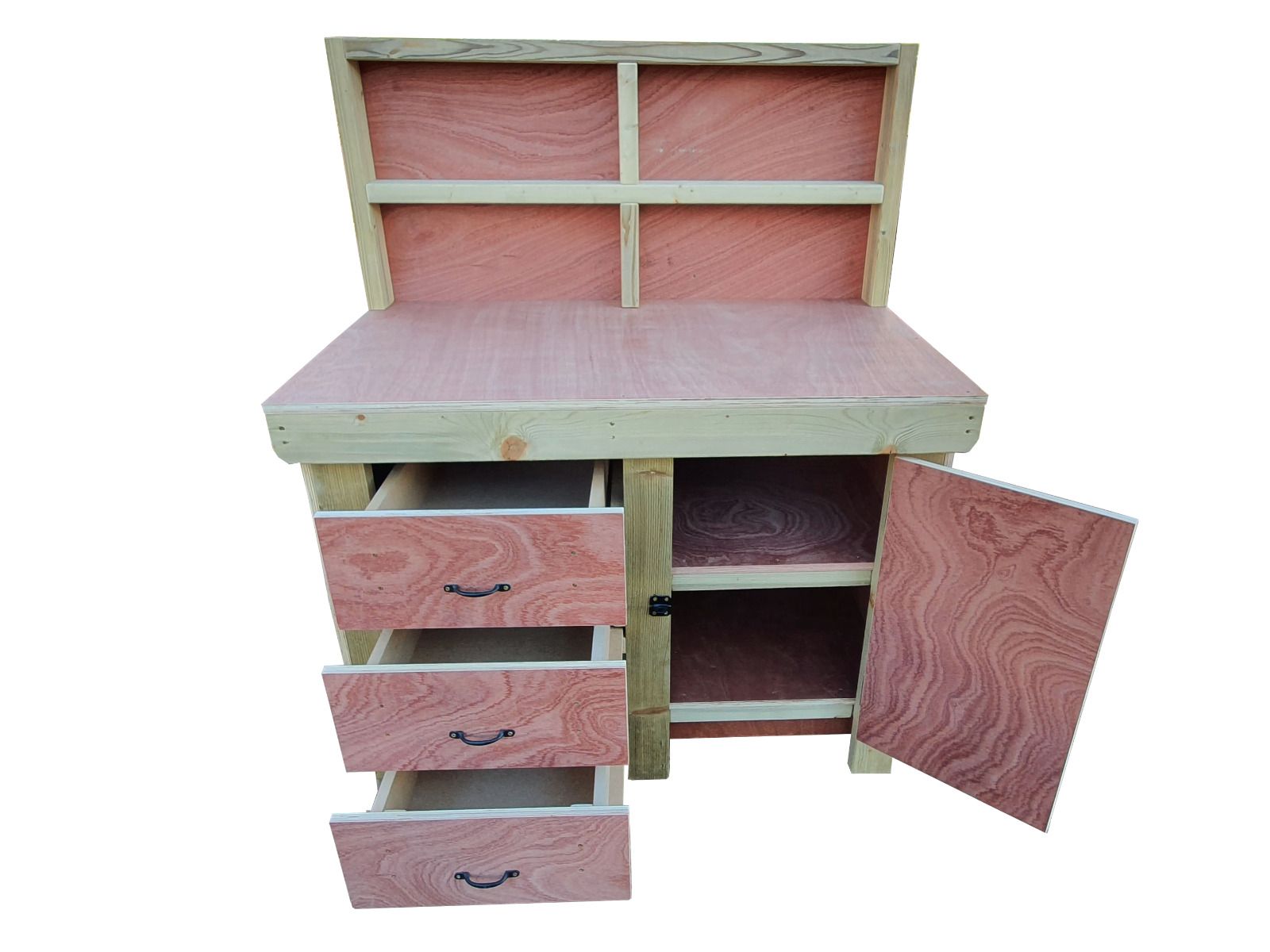 Wooden Eucalyptus hardwood top workbench, cabinet with lockable cupboard (V.3) with back and double shelf