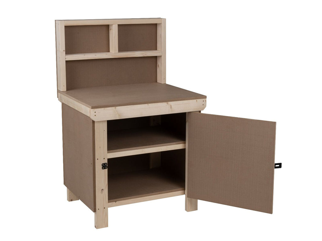 Wooden MDF Top Workbench With Lockable Cupboard (V.9) with back panel and double shelf