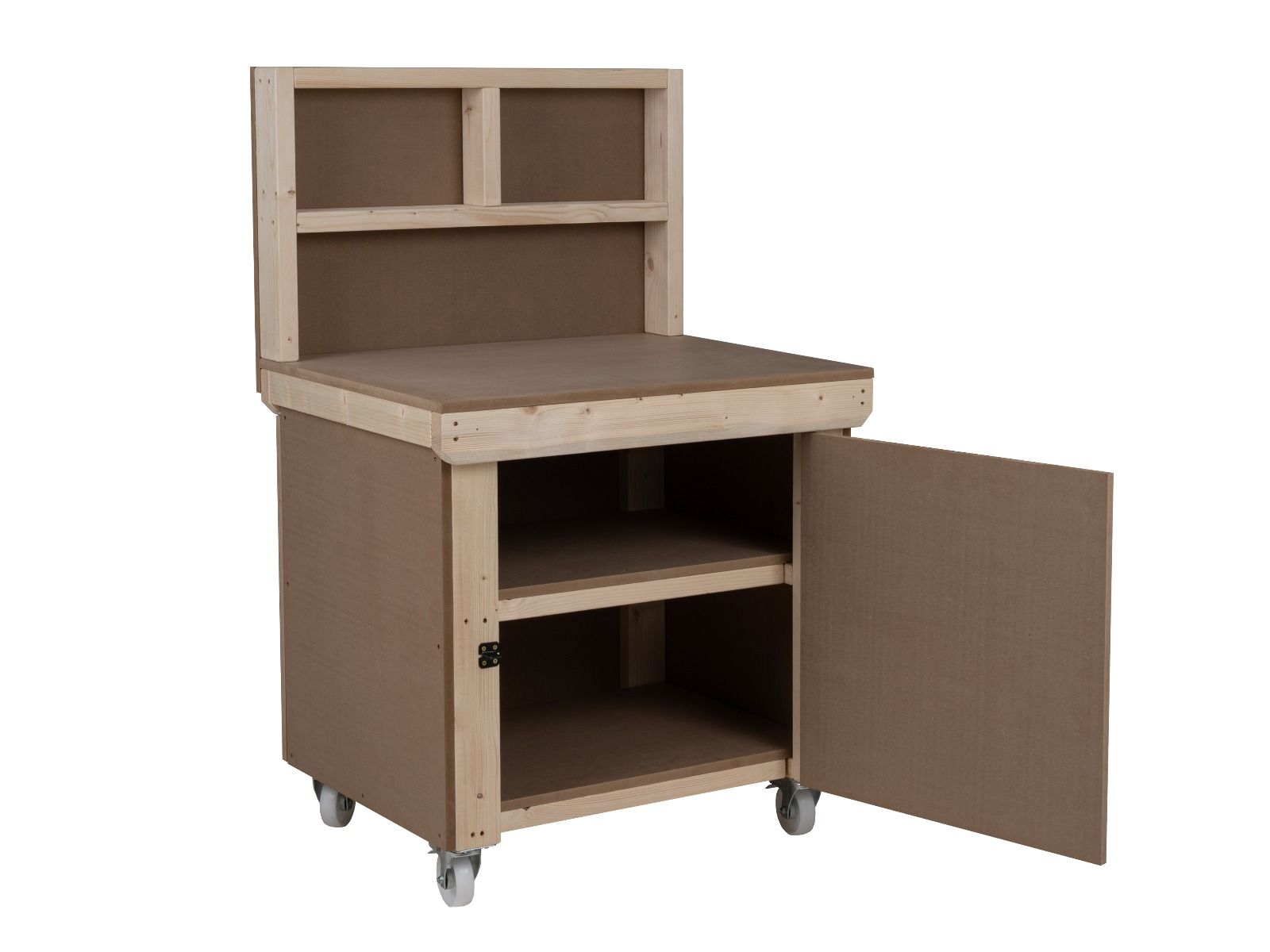 Wooden MDF Top Workbench With Lockable Cupboard (V.9) with back panel, double shelf and wheels