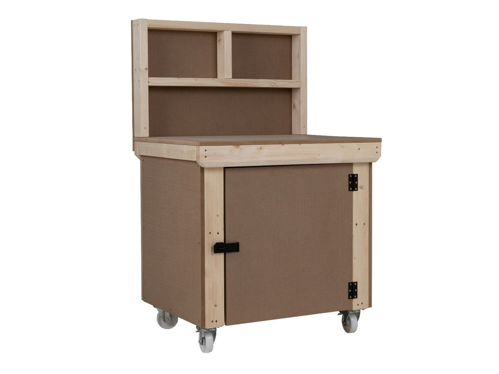 Wooden MDF Top Workbench With Lockable Cupboard (V.9) with back panel and wheels