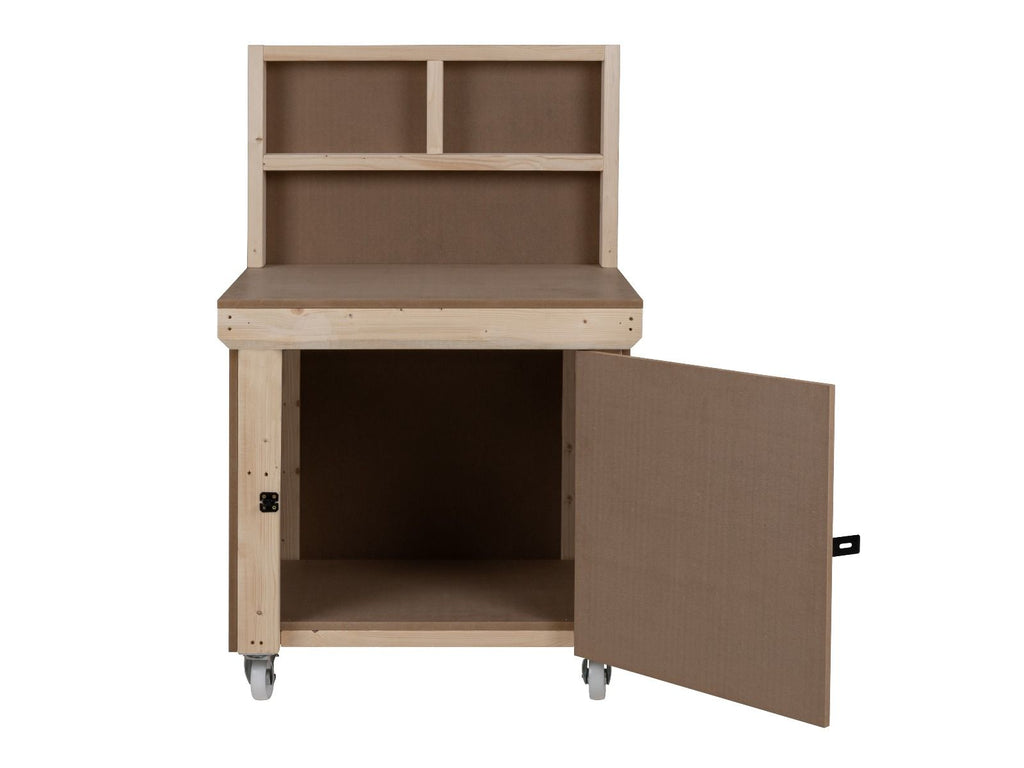 Wooden MDF Top Workbench With Lockable Cupboard (V.9) with back panel and wheels