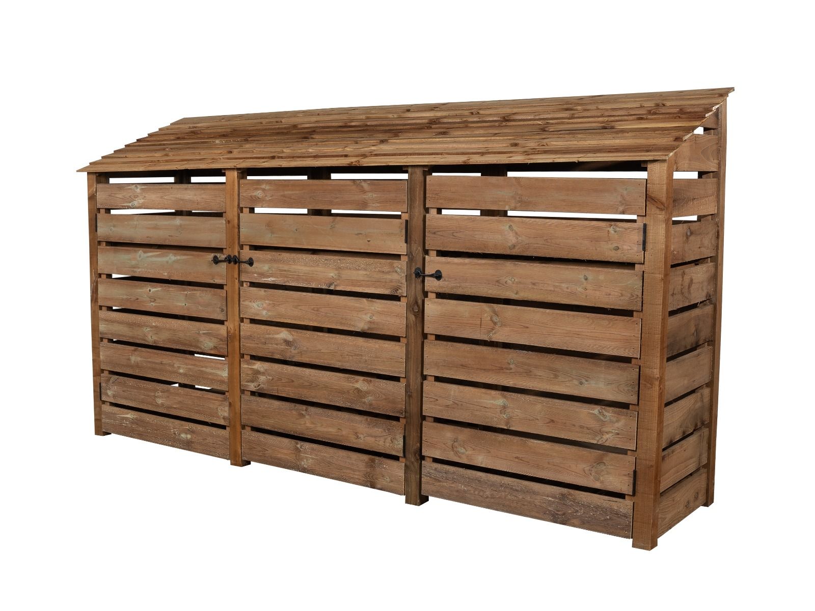 Slatted Wooden Log Store with Doors and Shelf W-335cm, H-126cm or 180cm, D-88cm - Brown Finish