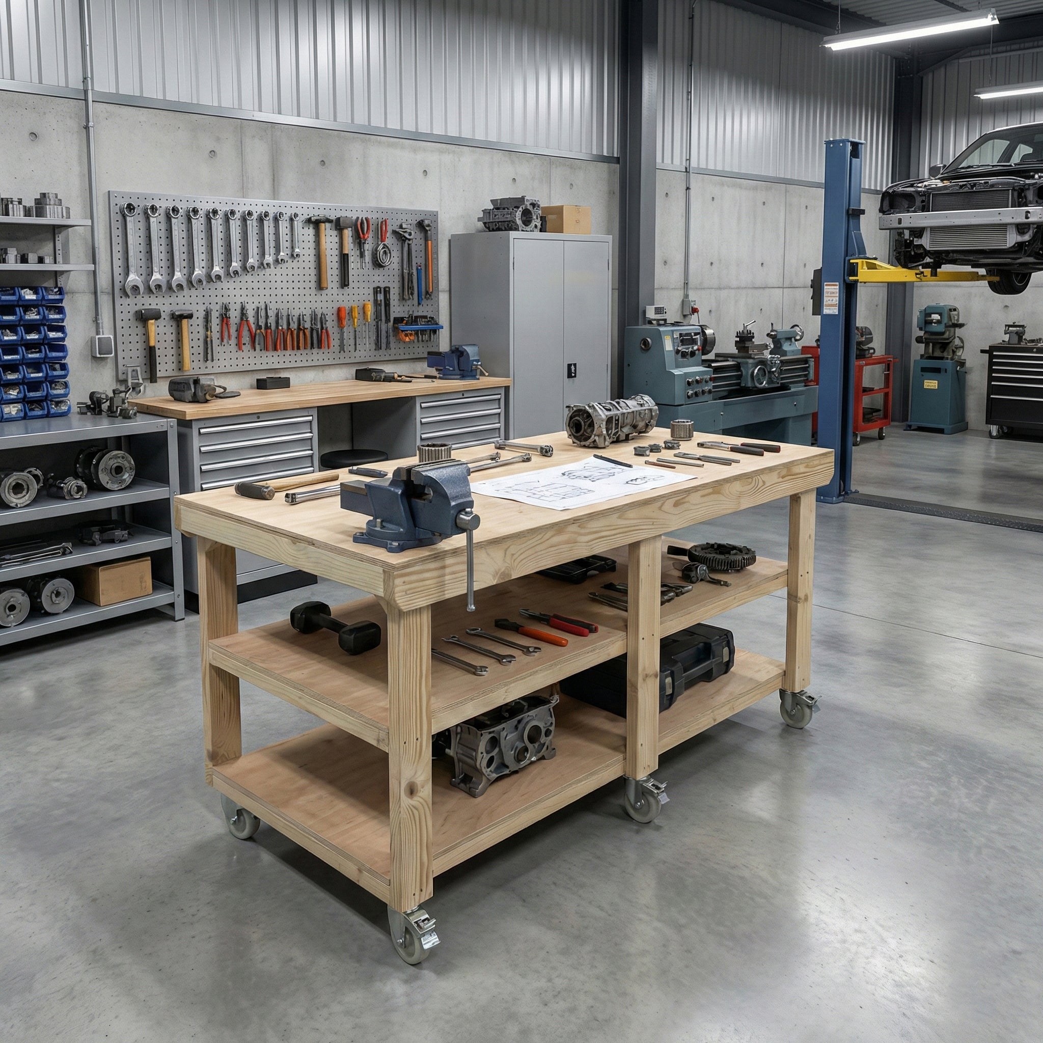 Wooden Workbench Eucalyptus Hardwood Top Depth-3ft Double Shelf and Wheels