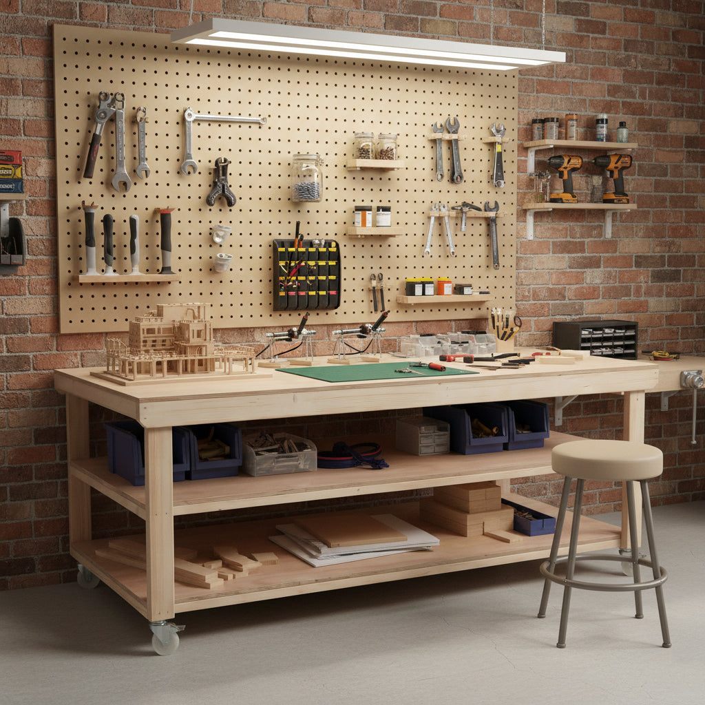 Wooden Workbench Eucalyptus Hardwood Top Depth-4ft Double Shelf and Wheels