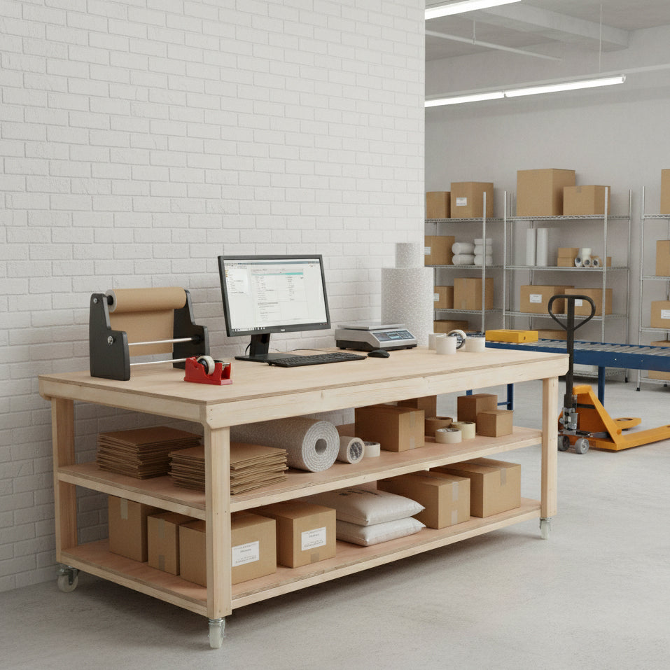 Wooden Workbench Eucalyptus Hardwood Top Depth-4ft Double Shelf and Wheels