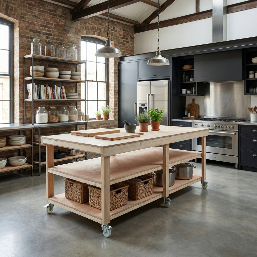 Wooden Workbench Eucalyptus Hardwood Top Depth-4ft Double Shelf and Wheels