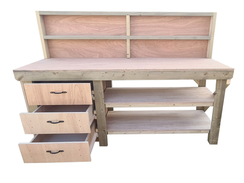 Wooden Eucalyptus top tool cabinet workbench with storage shelf (V.7) with back panel and double shelf