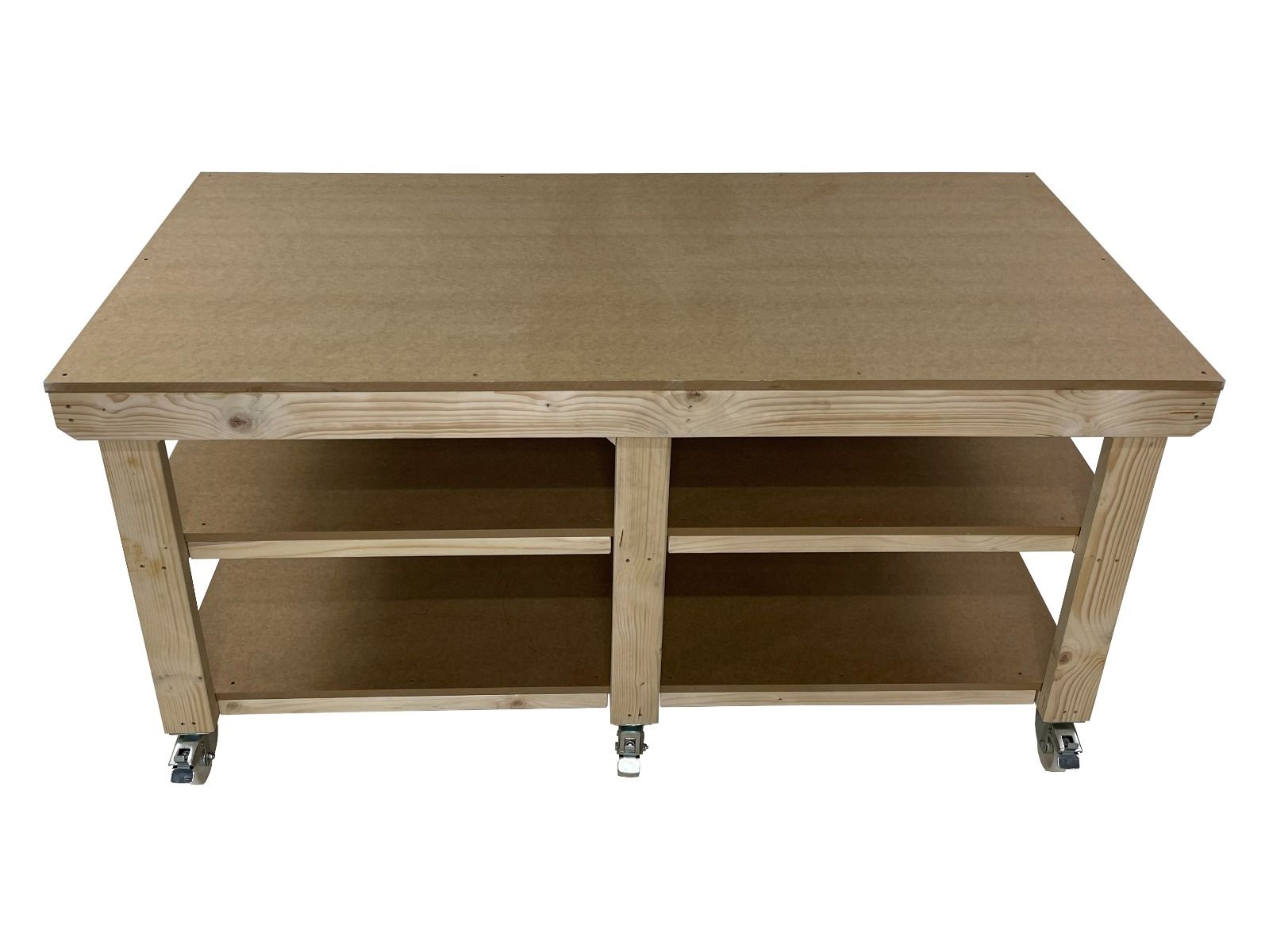 Wooden Workbench MDF Top Depth-3ft With Wheels and Double Shelf