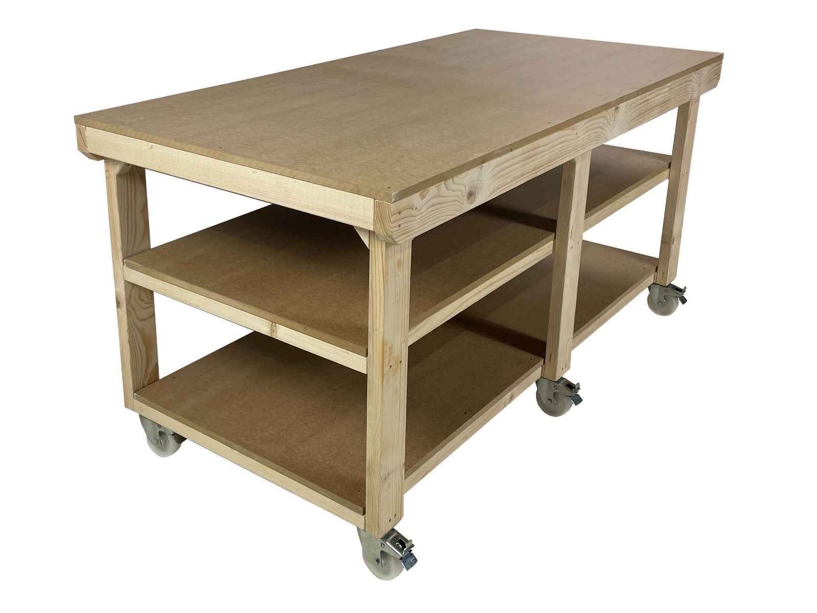 Wooden Workbench MDF Top Depth-3ft With Wheels and Double Shelf