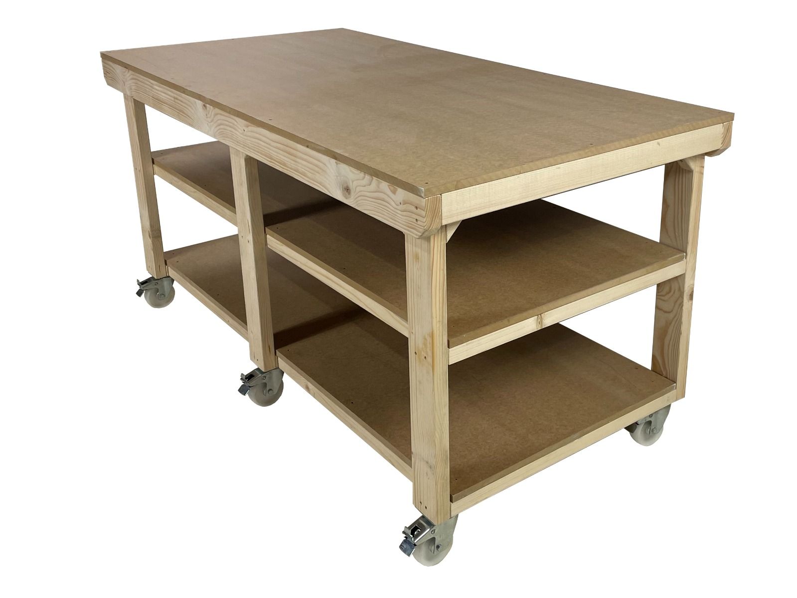 Wooden Workbench MDF Top Depth-4ft With Wheels and Double Shelf