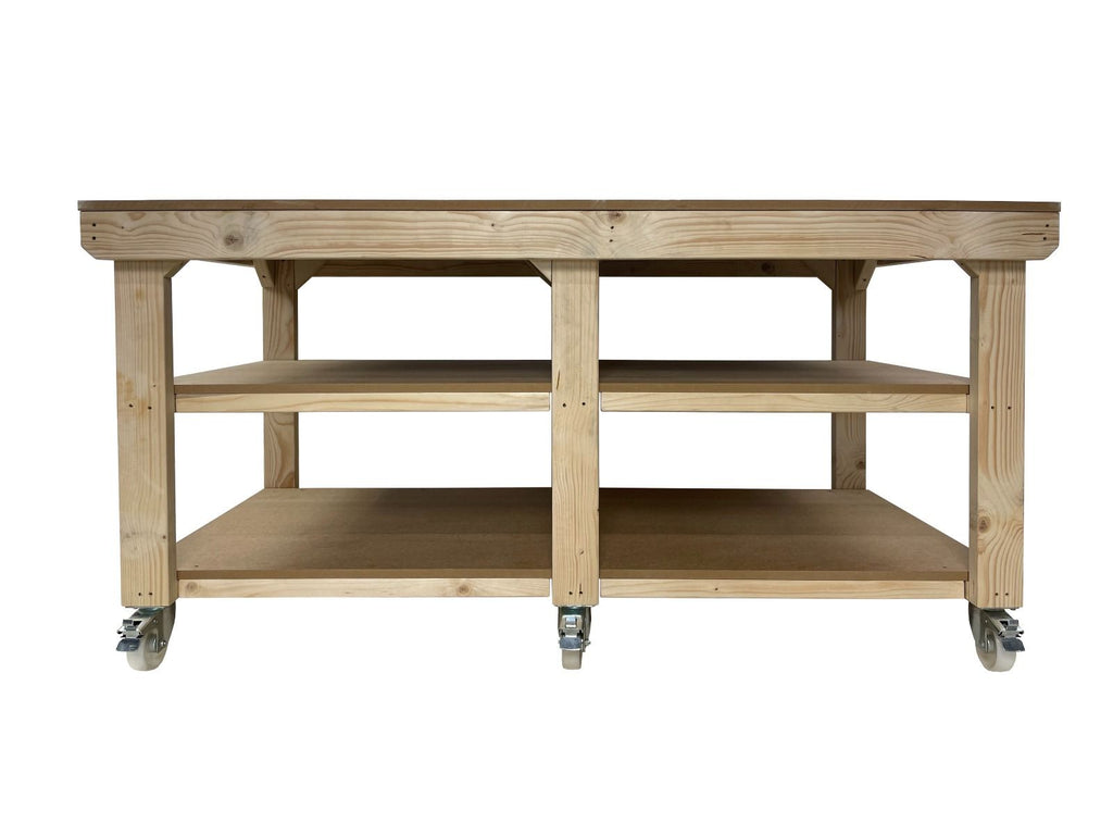 Wooden Workbench MDF Top Depth-3ft With Wheels and Double Shelf