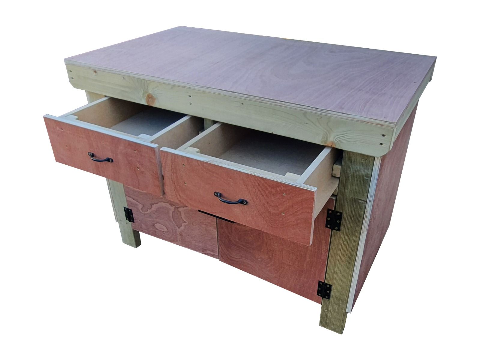 Wooden Eucalyptus hardwood top storage workbench with lockable cupboard and drawers (V.4)