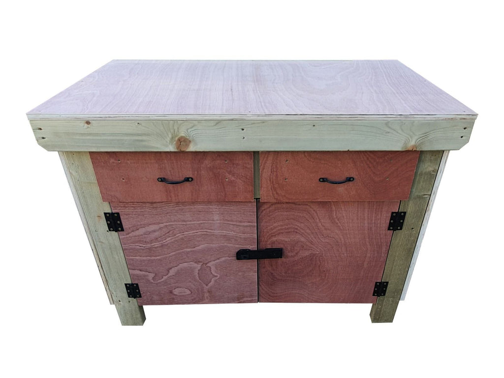 Wooden Eucalyptus hardwood top storage workbench with lockable cupboard and drawers (V.4)