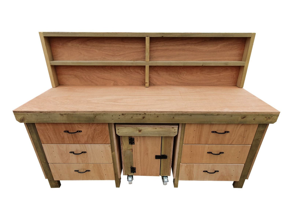 Wooden Eucalyptus hardwood top workbench with drawers and functional lockable cupboard (V.5) with back