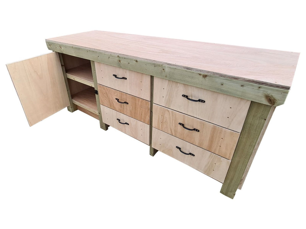 Wooden Eucalyptus hardwood top workbench, cabinet with lockable cupboard (V.3) double shelf