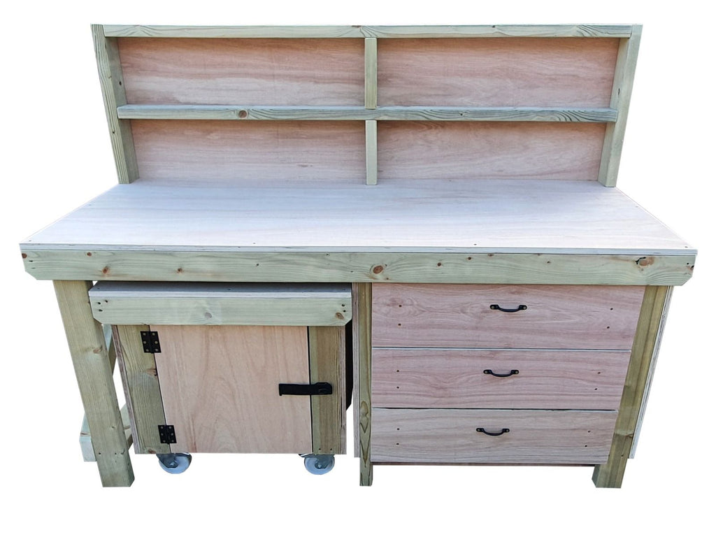Wooden Eucalyptus hardwood top workbench with drawers and functional lockable cupboard (V.6) with back