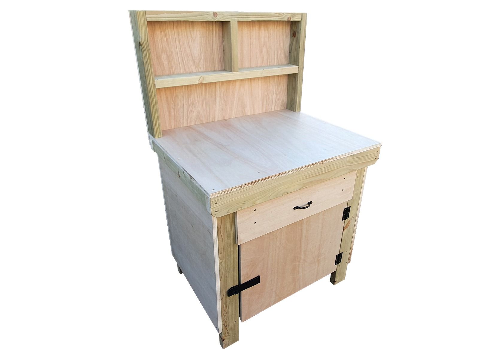 Wooden Eucalyptus hardwood top storage workbench with lockable cupboard and drawers (V.4) with back