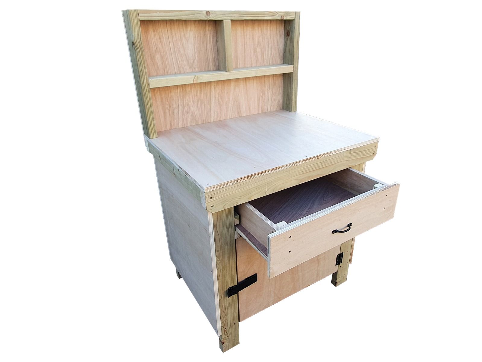 Wooden Eucalyptus hardwood top storage workbench with lockable cupboard and drawers (V.4) with back
