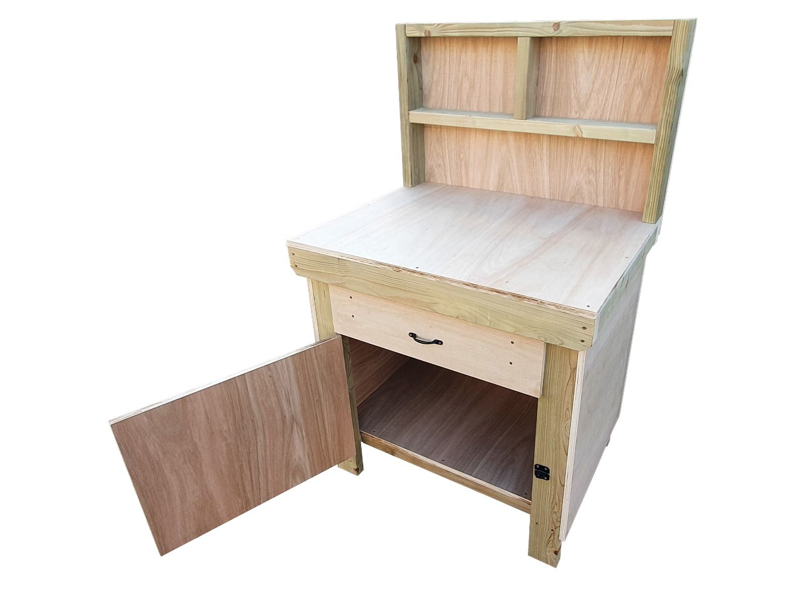Wooden Eucalyptus hardwood top storage workbench with lockable cupboard and drawers (V.4) with back