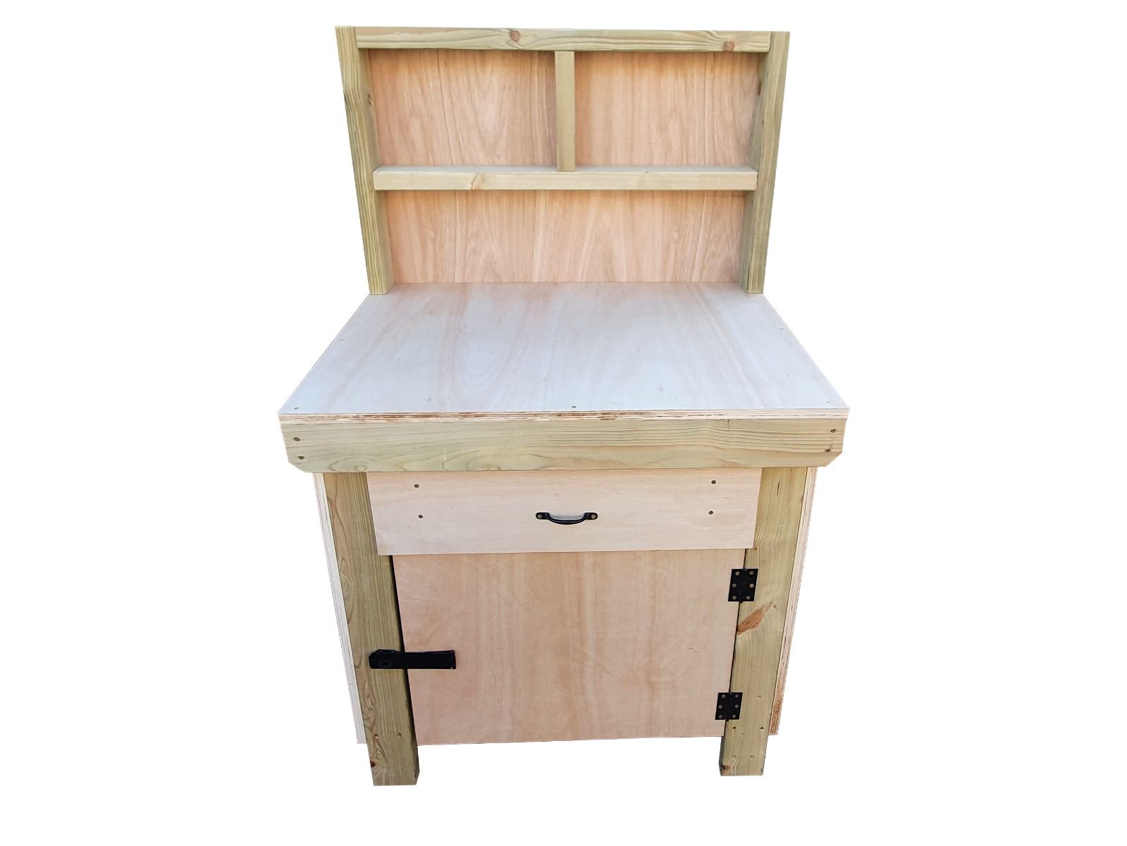 Wooden Eucalyptus hardwood top storage workbench with lockable cupboard and drawers (V.4) with back