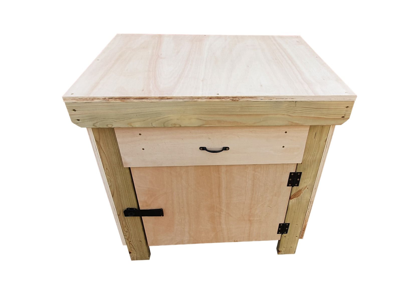 Wooden Eucalyptus hardwood top storage workbench with lockable cupboard and drawers (V.4)