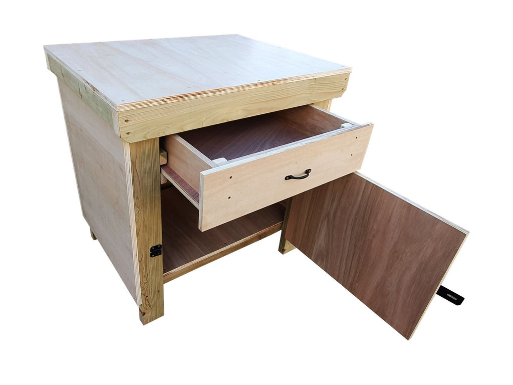 Wooden Eucalyptus hardwood top storage workbench with lockable cupboard and drawers (V.4)