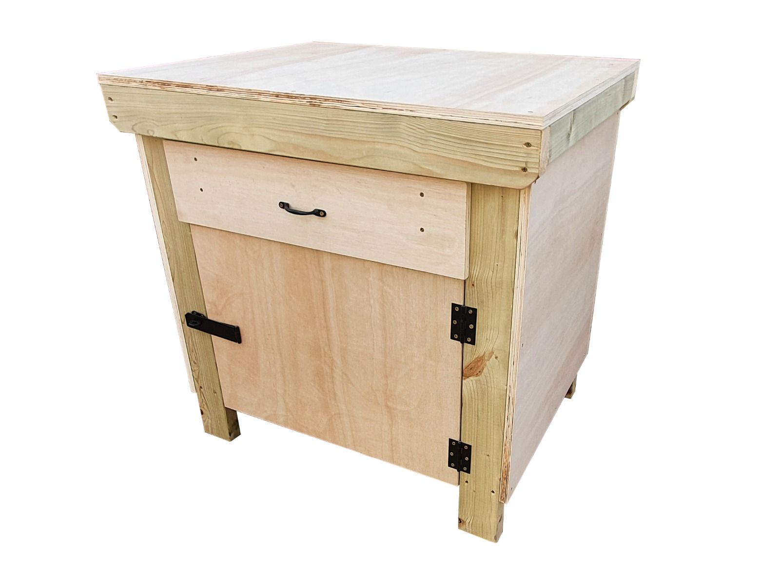 Wooden Eucalyptus hardwood top storage workbench with lockable cupboard and drawers (V.4)
